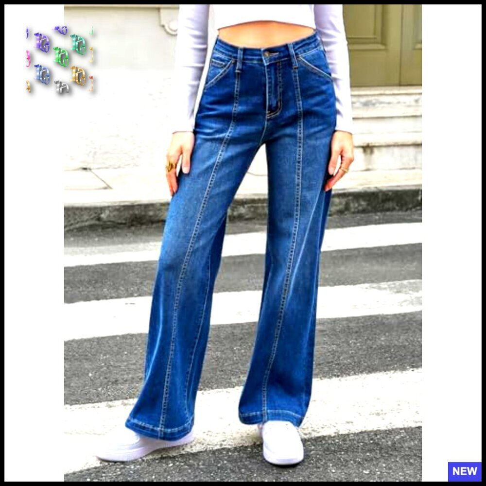 High Waisted Wide Leg Jeans Stretchy Front Seam Denim Pants Y2K Chic - Picture 4 of 7